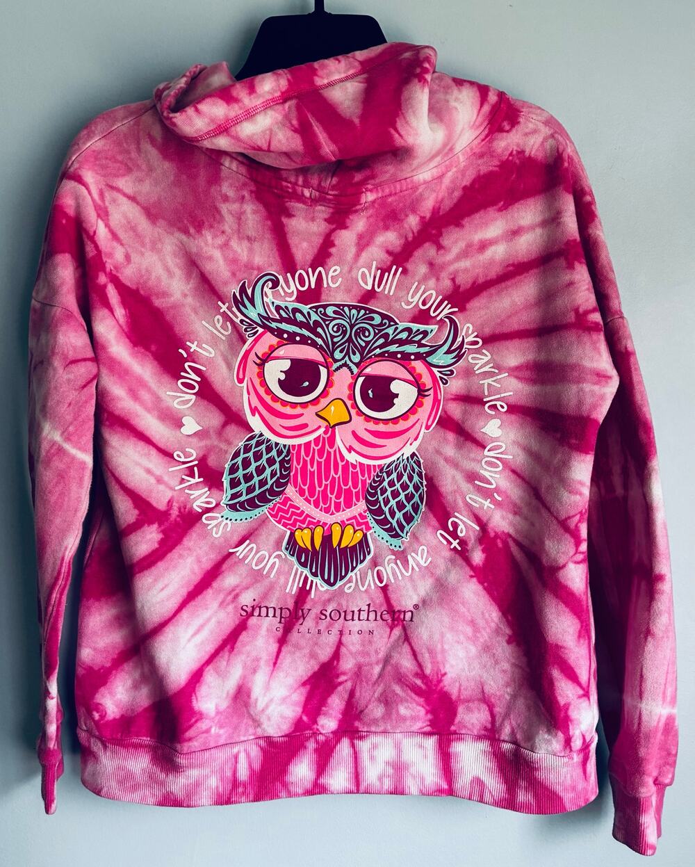 Simply Southern Pullover Cowl Neck Owl Pink Tie Dye Women's Small